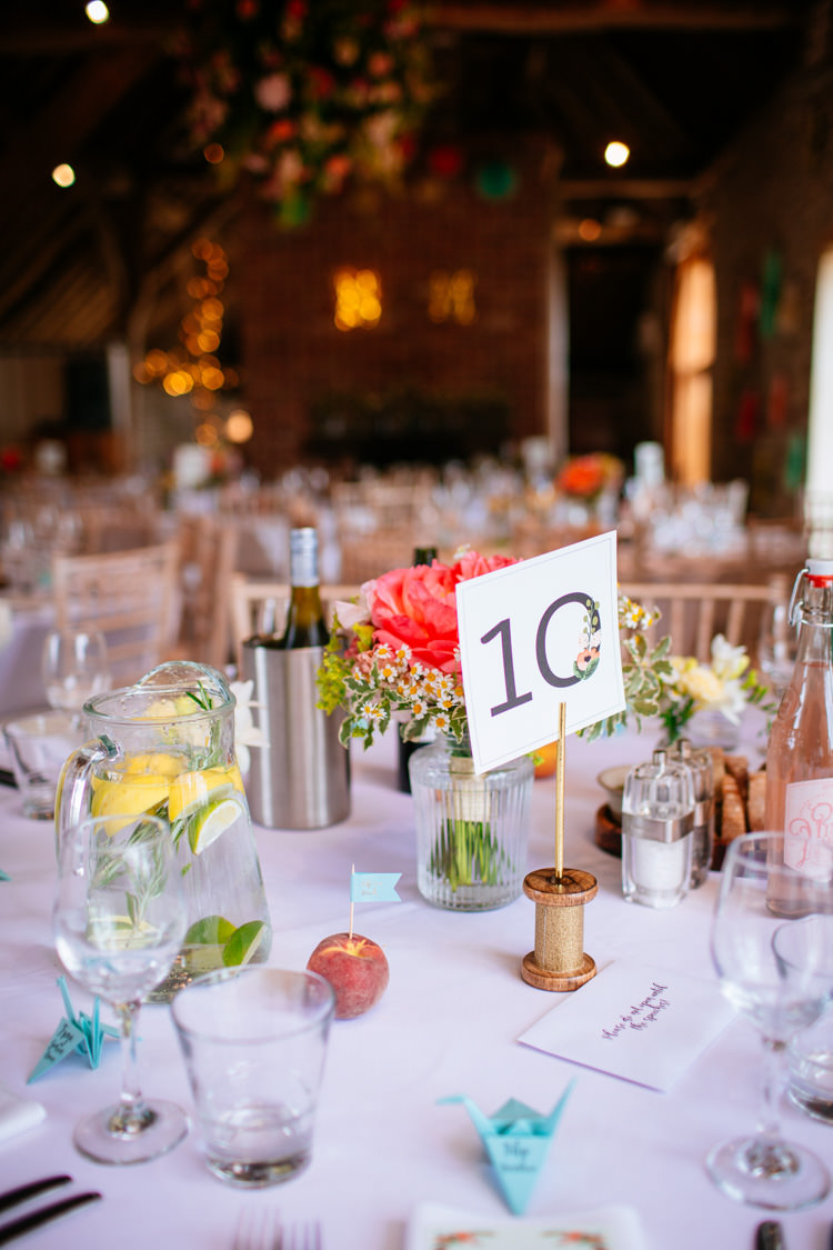 Decor Table Numbers Cotton Reel Peaches Mint Stylish Floral Wedding http://www.sarahleggephotography.co.uk/