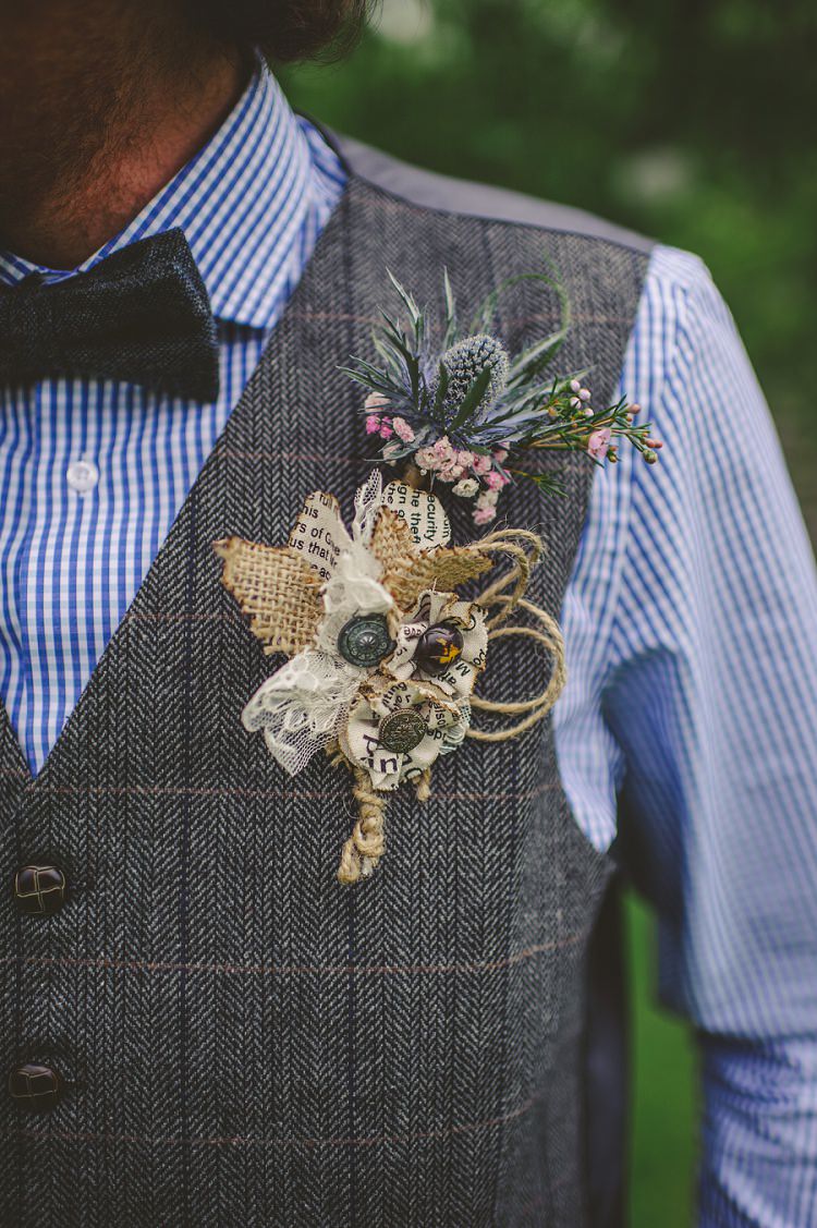 Groom Buttonhole Rustic Hessian Paper Fabric Burlap Thistle Bow Tie Quirky DIY Mill Wedding http://www.deniseleacockphotography.com/