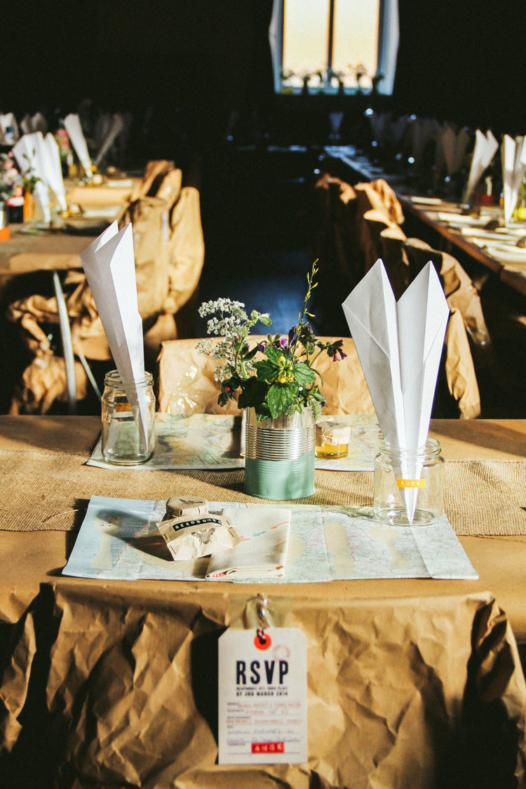 Place Setting Decor Table Stationery Paper Aeroplanes Tin Flowers Creative Travel Village Hall Wedding