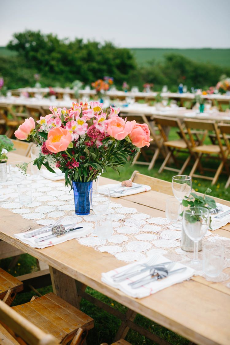 Coral Peony Flowers Long Tables Doilies Decor Beautiful Outdoor Country House Wedding http://www.christinewehrmeier.com/