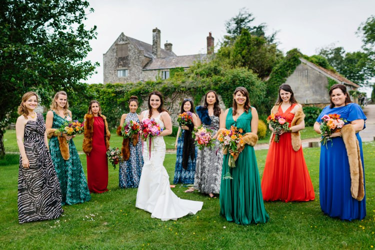 Mismatched Bridesmaids Colourful Fur Stole Beautiful Outdoor Country House Wedding http://www.christinewehrmeier.com/