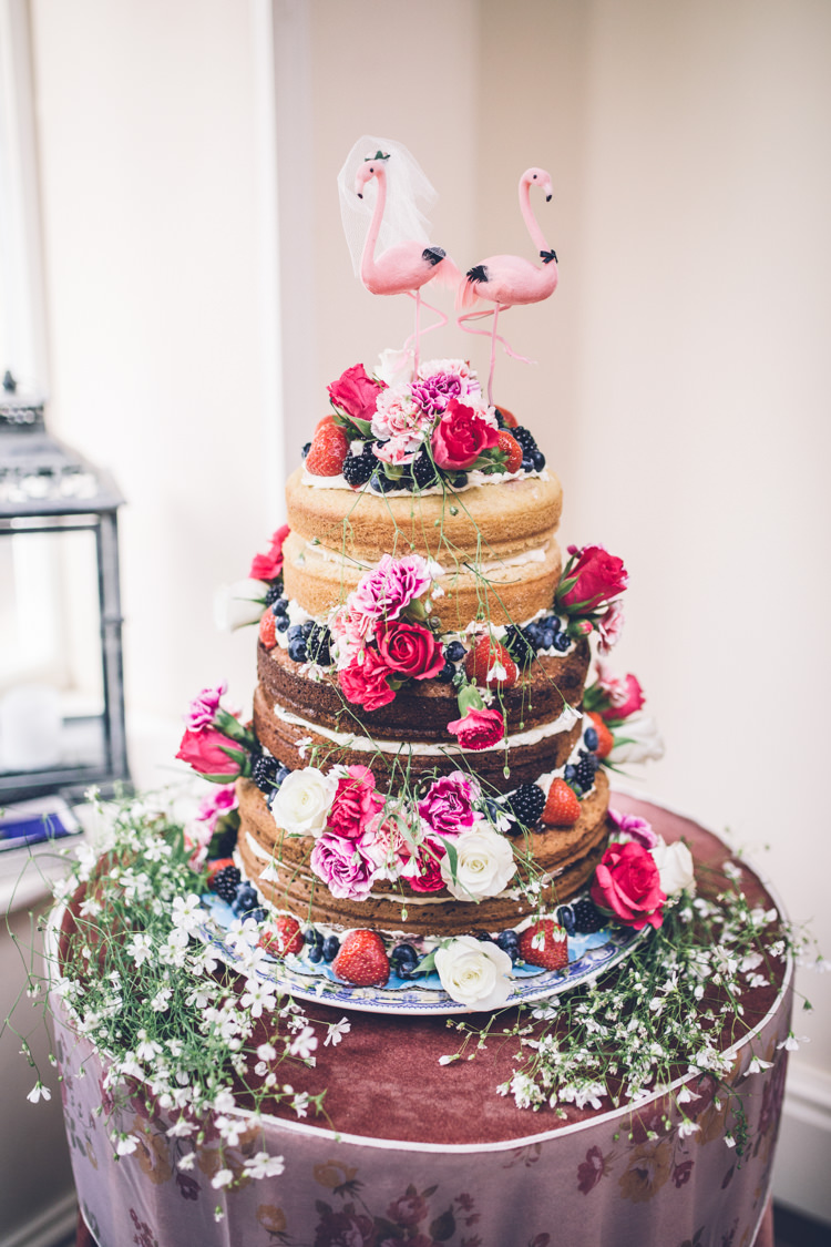 Quirky Kitsch Naked Cake Sponge Layer Flamingos Topper Flowers Victoria Retro 1950s Vintage Wedding http://amyfaithphotography.com/
