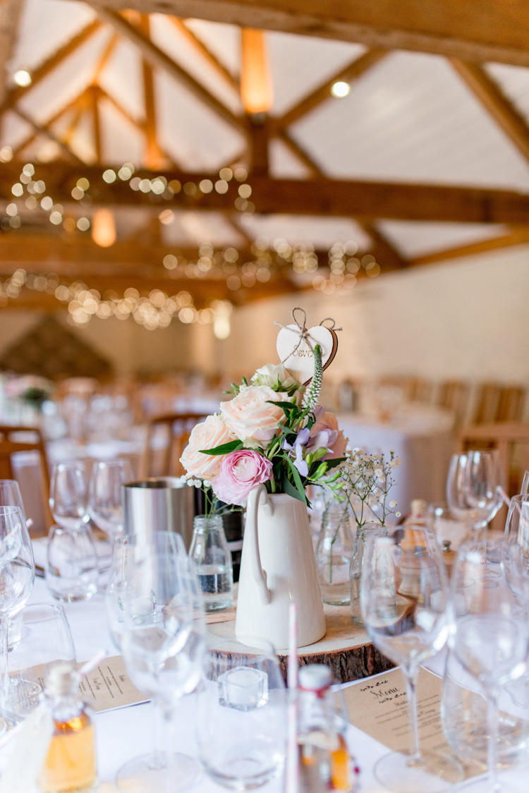Jug Flowers Centrepiece Table Log Slice Decor Natural Pretty Pale Pink Wedding http://www.lisacarpenterphotos.com/