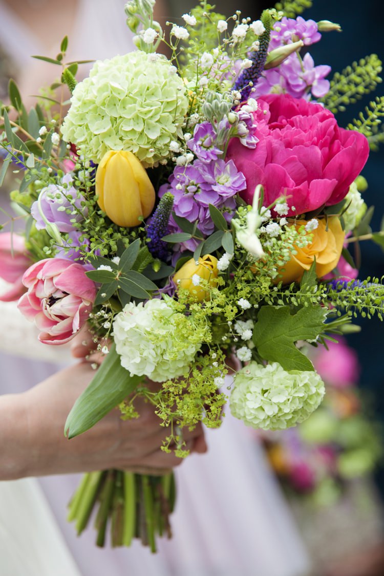 Bouquet Flowers Bride Bridal Colourful Tulip Peony Hydrangea Stocks Fresh Spring Country Wedding http://kerryannduffy.com/
