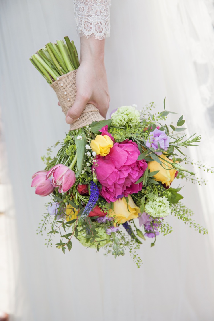 Bouquet Flowers Bride Bridal Colourful Tulip Peony Hydrangea Stocks Hessian Burlap Fresh Spring Country Wedding http://kerryannduffy.com/