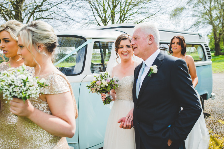 VW Camper Transport Gold Sequin Outdoor Humanist Wedding http://www.emmahillierphotography.com/