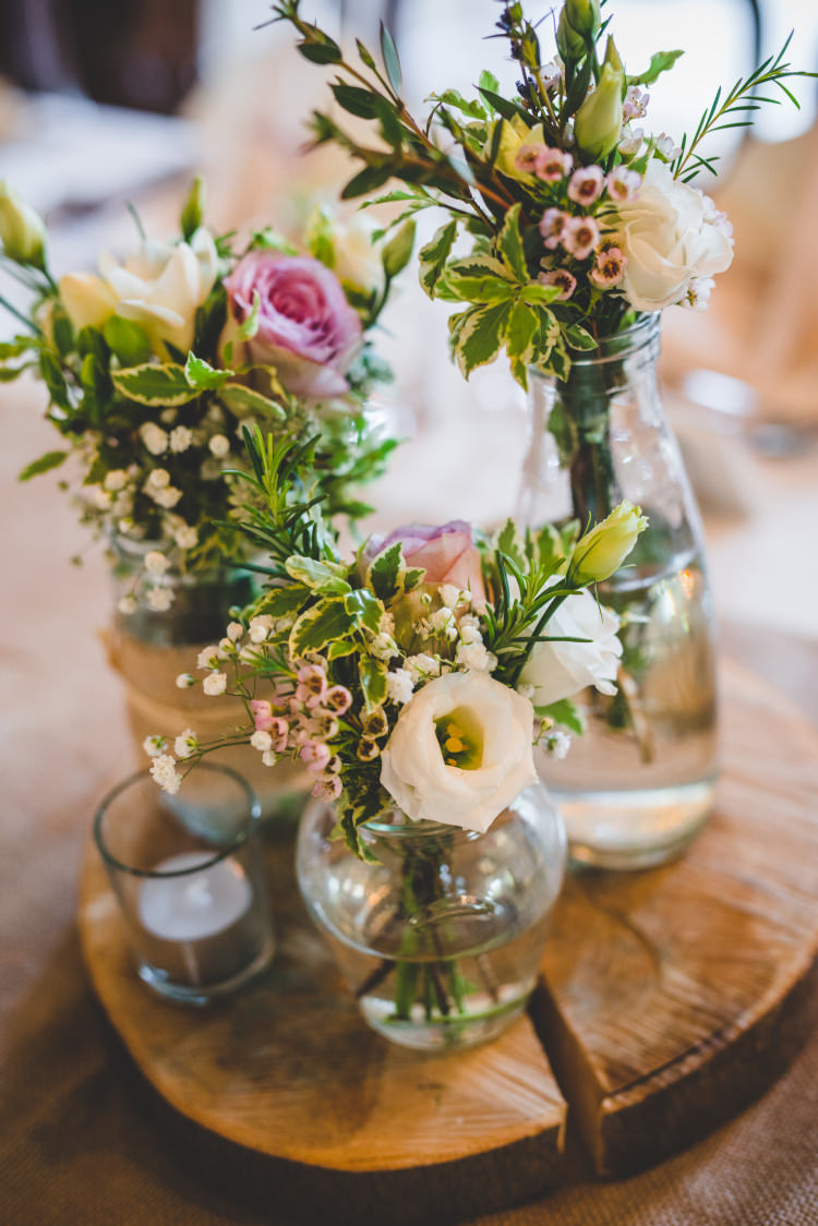 Flowers Jars Log Pink White Decor Centrepiece Gold Sequin Outdoor Humanist Wedding http://www.emmahillierphotography.com/