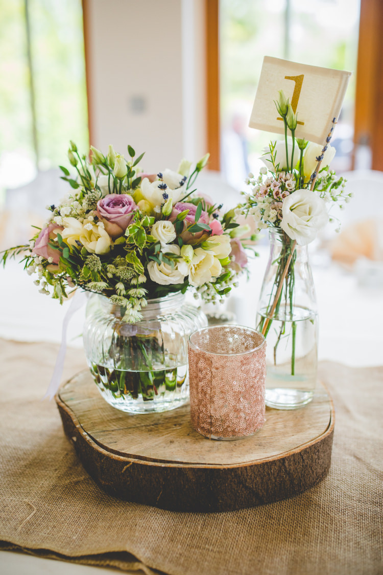 Decor Centrepiece Flowers Vase White Pink Log Hessian Burlap Gold Sequin Outdoor Humanist Wedding http://www.emmahillierphotography.com/