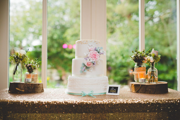 Ruffle Cake Flower Floral Gold Sequin Outdoor Humanist Wedding http://www.emmahillierphotography.com/