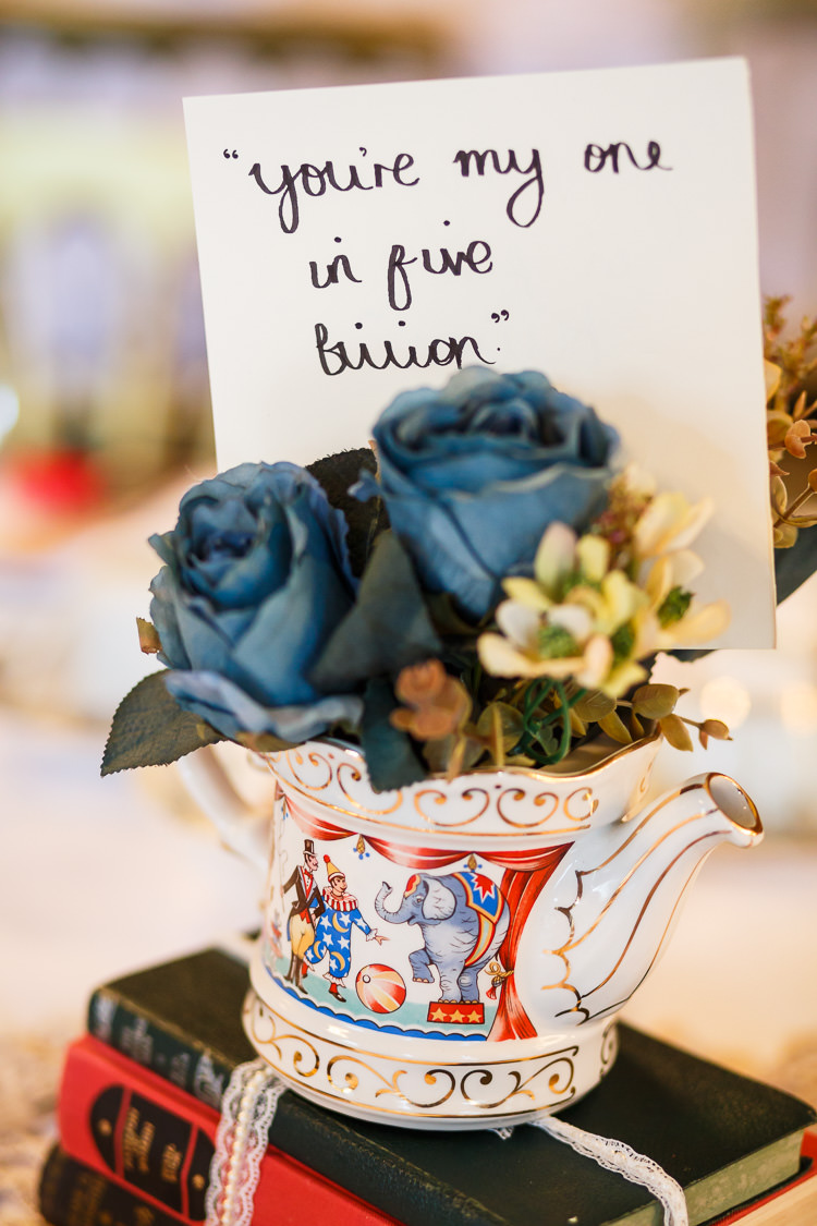Tea Pot Silk Flowers Decor Vintage Doctor Who Wedding http://www.linaandtom.com/