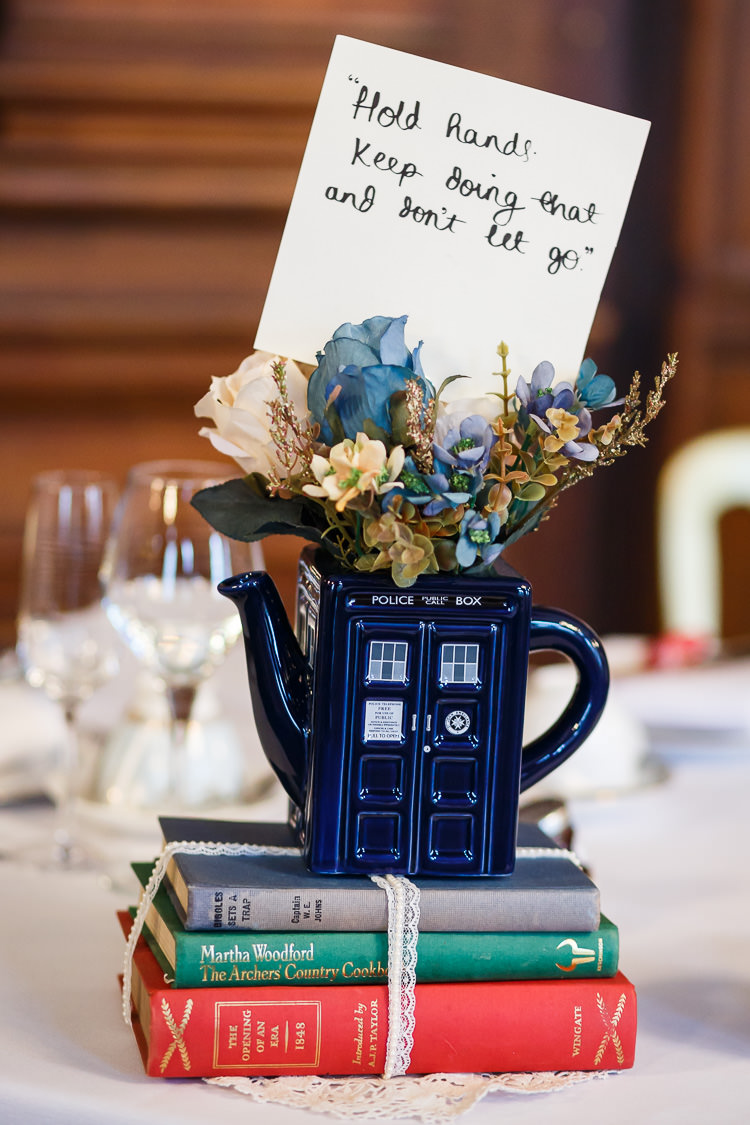 Tea Pot Flowers Tardis Books Centrepiece Vintage Doctor Who Wedding http://www.linaandtom.com/