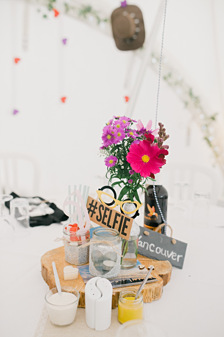 Centrepiece Flowers Jar Log Props Candle Beautiful Bicycle Country Marquee Wedding http://www.emmabphotography.com/