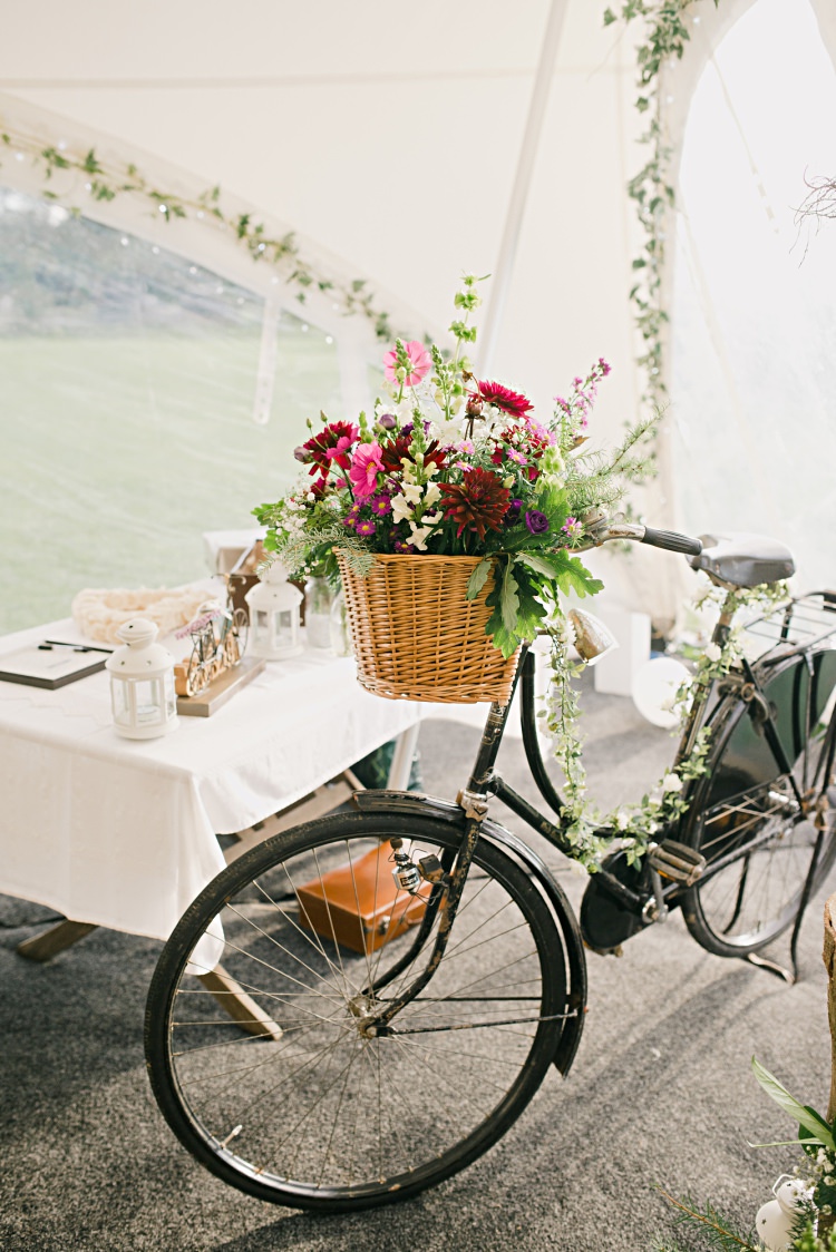 Flowers Bike Basket Decor Beautiful Bicycle Country Marquee Wedding http://www.emmabphotography.com/