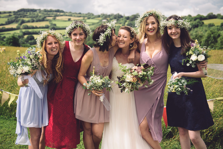 Mismatched Bridesmaid Dresses Flower Crowns Bouquets Flowers Boho Outdoor Countryside Fair Wedding http://www.jennawoodward.com/