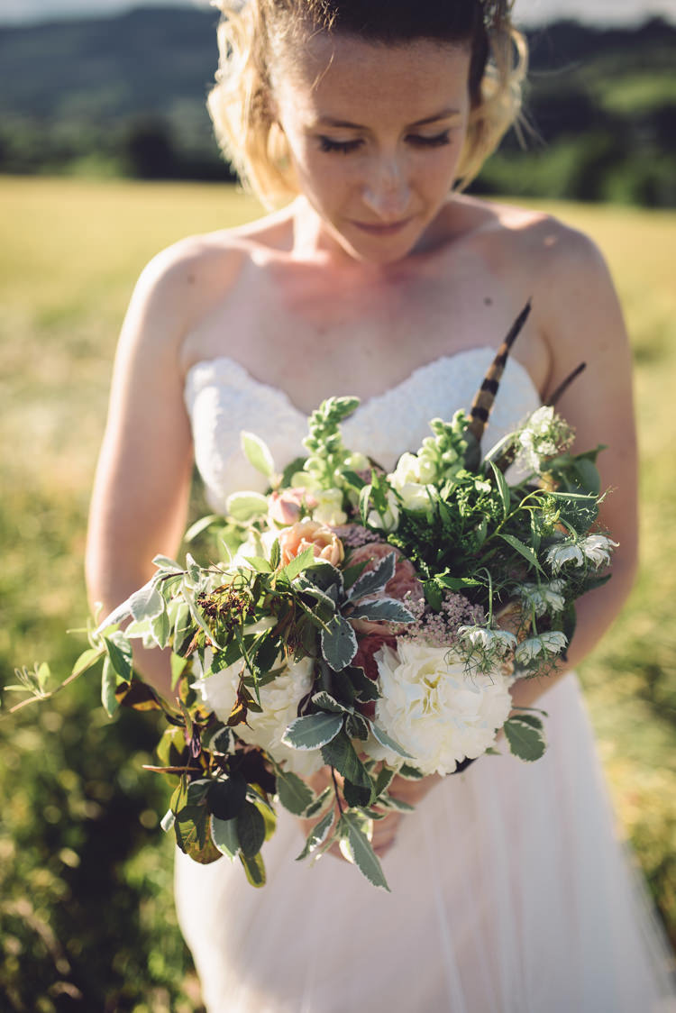 Bouquet Flowers Large Feather Bride Bridal Peony Rose Greenery Whimsical Outdoor Countryside Fair Wedding http://www.jennawoodward.com/