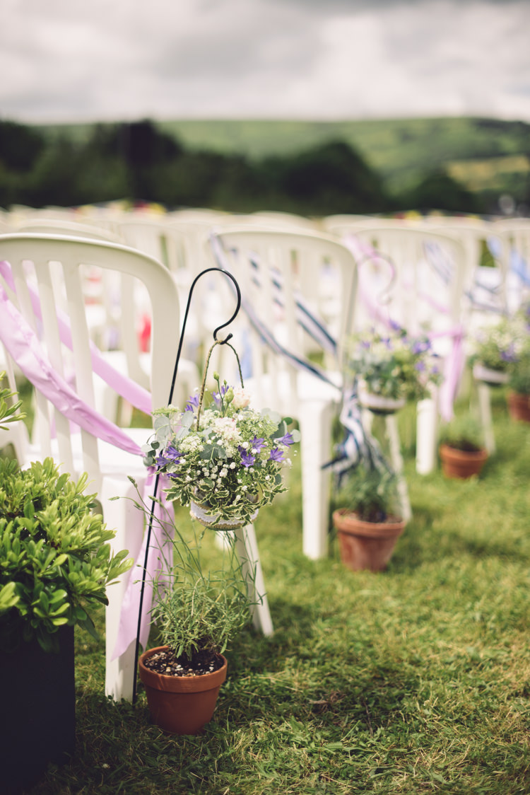 Hanging Hook Flowers Pots Aisle Chairs Ceremony Outdoor Countryside Fair Wedding http://www.jennawoodward.com/