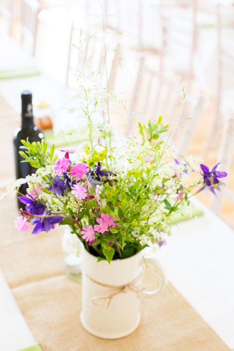 Wild Natural Flowers Jugs Centrepiece Decor DIY Steam Railway Village Hall Wedding http://www.charlotterazzellphotography.com/