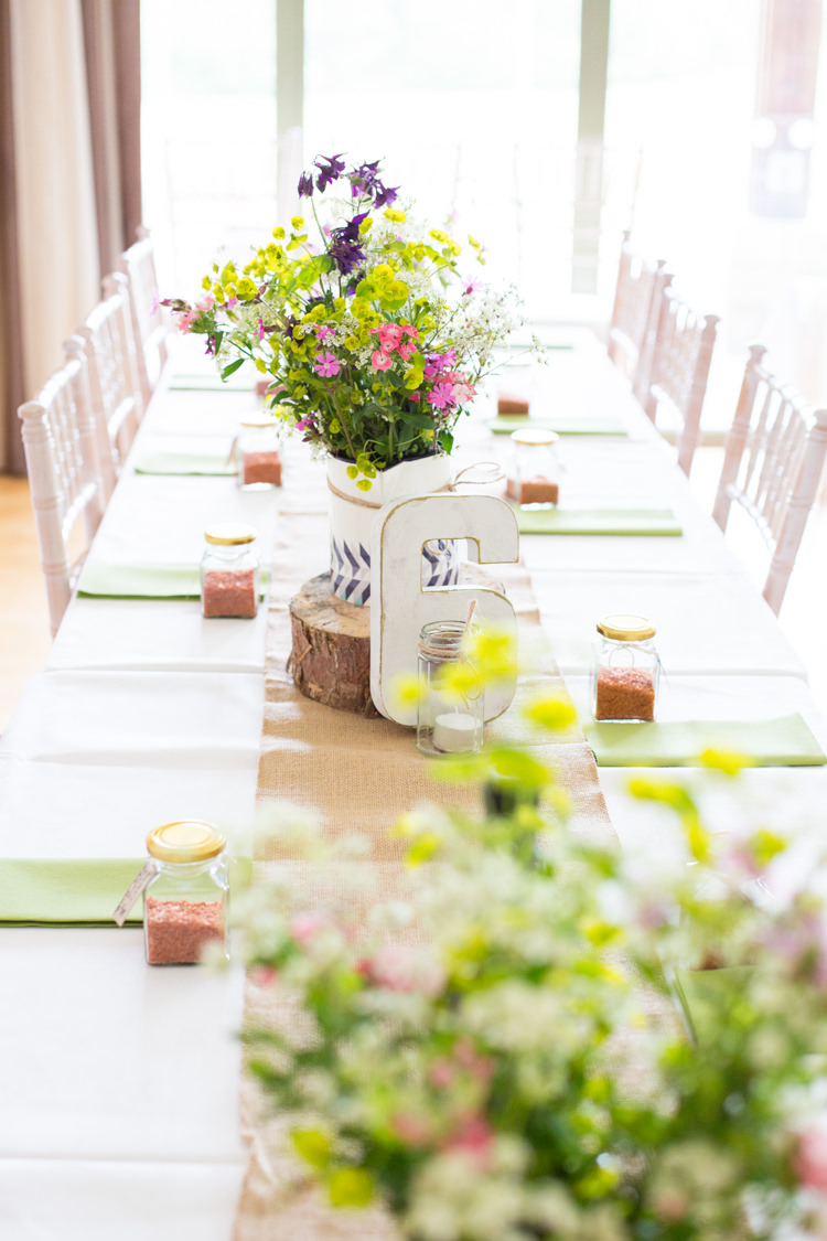 Pastel Flowers Long Tables Hessian Burlap Table Numbers DIY Steam Railway Village Hall Wedding http://www.charlotterazzellphotography.com/ 