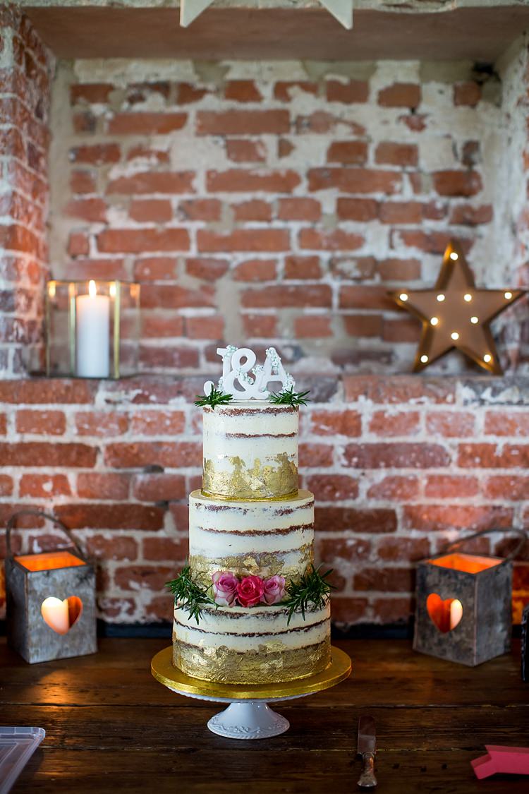 Cake Layer Sponge Naked Gold Metallic Flowers Pretty Relaxed Countryside Wedding http://katherineashdown.co.uk/