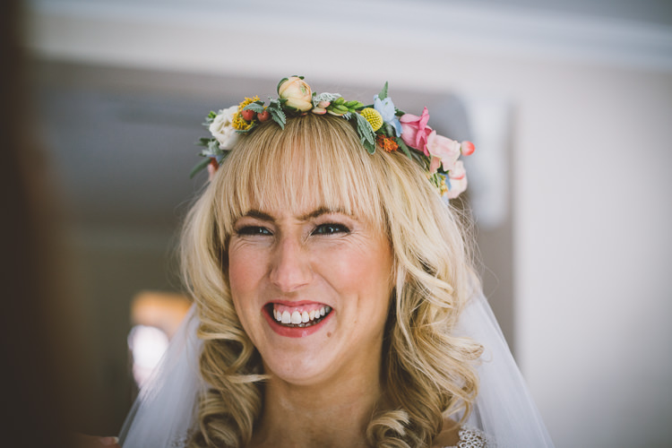 Flower Crown Bride Fring Hair Bangs Veil Bridal Spring Colourful Quirky Country Museum Wedding http://www.onelovepictures.com/