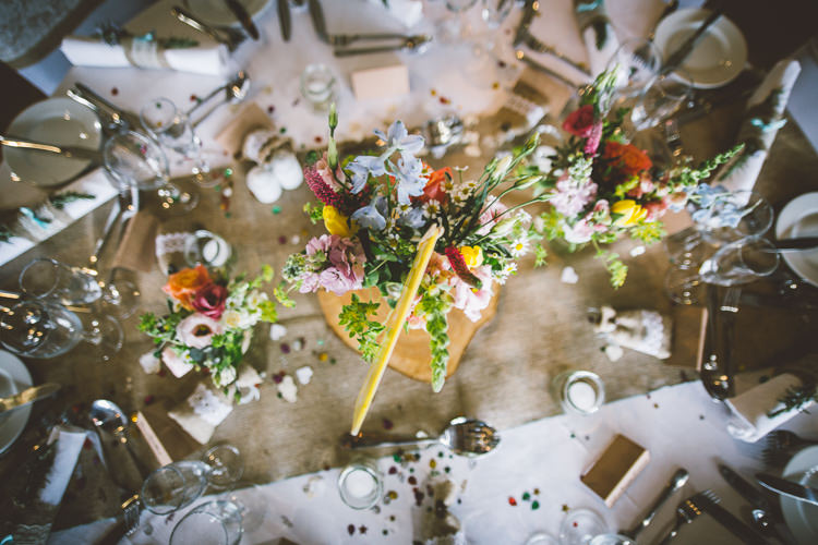 Tables Hessian Burlap Flowers Log Spring Colourful Quirky Country Museum Wedding http://www.onelovepictures.com/