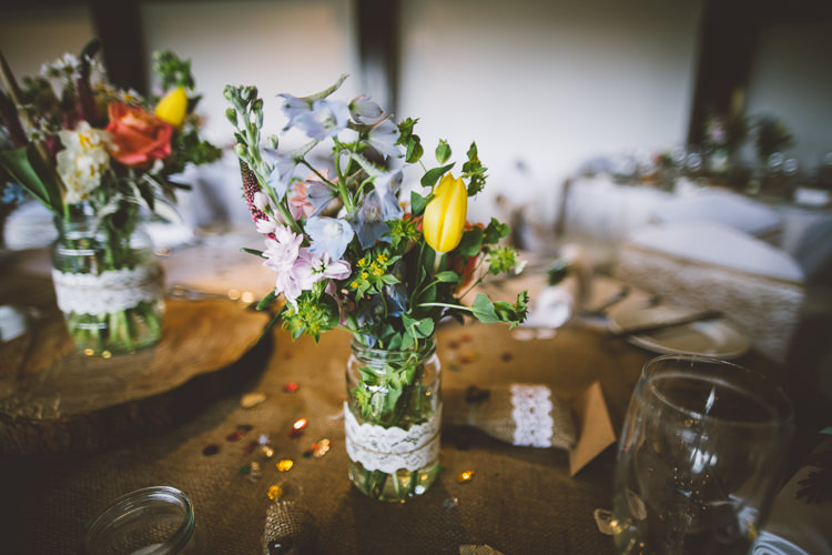 Jar Flowers Spring Hessian Log Burlap Decor Colourful Quirky Country Museum Wedding http://www.onelovepictures.com/