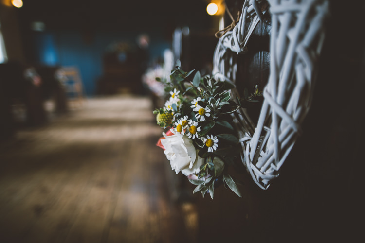 Wicker Heart Flowers Pew End Decor Colourful Quirky Country Museum Wedding http://www.onelovepictures.com/