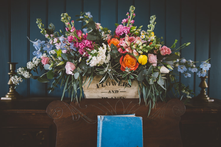 Spring Flowers Box Crate Whimsical Colourful Quirky Country Museum Wedding http://www.onelovepictures.com/