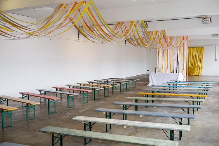 Ceremony Ribbon Room Ceiling Decor Benches Creative DIY Industrial Warehouse Wedding http://www.michellehill.ca/