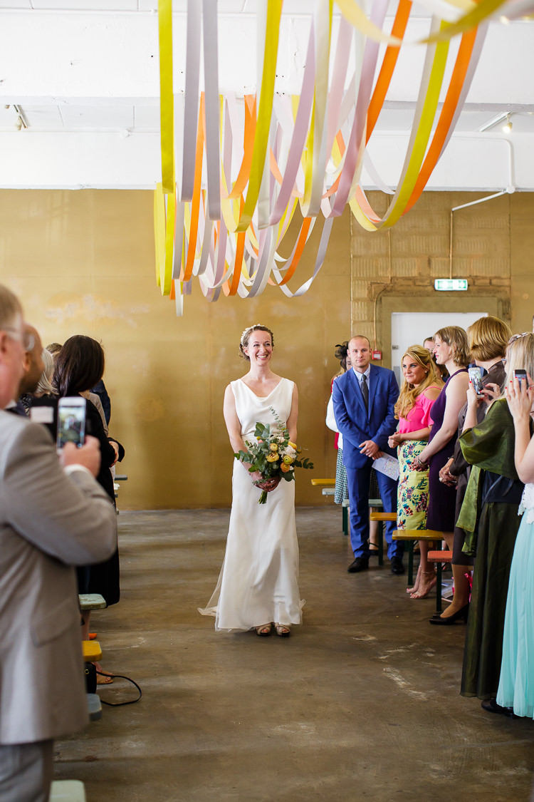 Ribbon Ceiling Bride Bridal Aisle Ceremony Creative DIY Industrial Warehouse Wedding http://www.michellehill.ca/