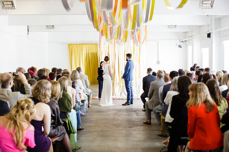 Ribbon Backdrop Ceremony Creative DIY Industrial Warehouse Wedding http://www.michellehill.ca/