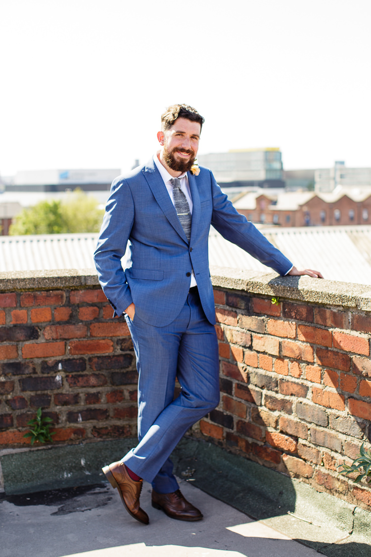 Blue Suit Groom Grey Knitted Tie Creative DIY Industrial Warehouse Wedding http://www.michellehill.ca/