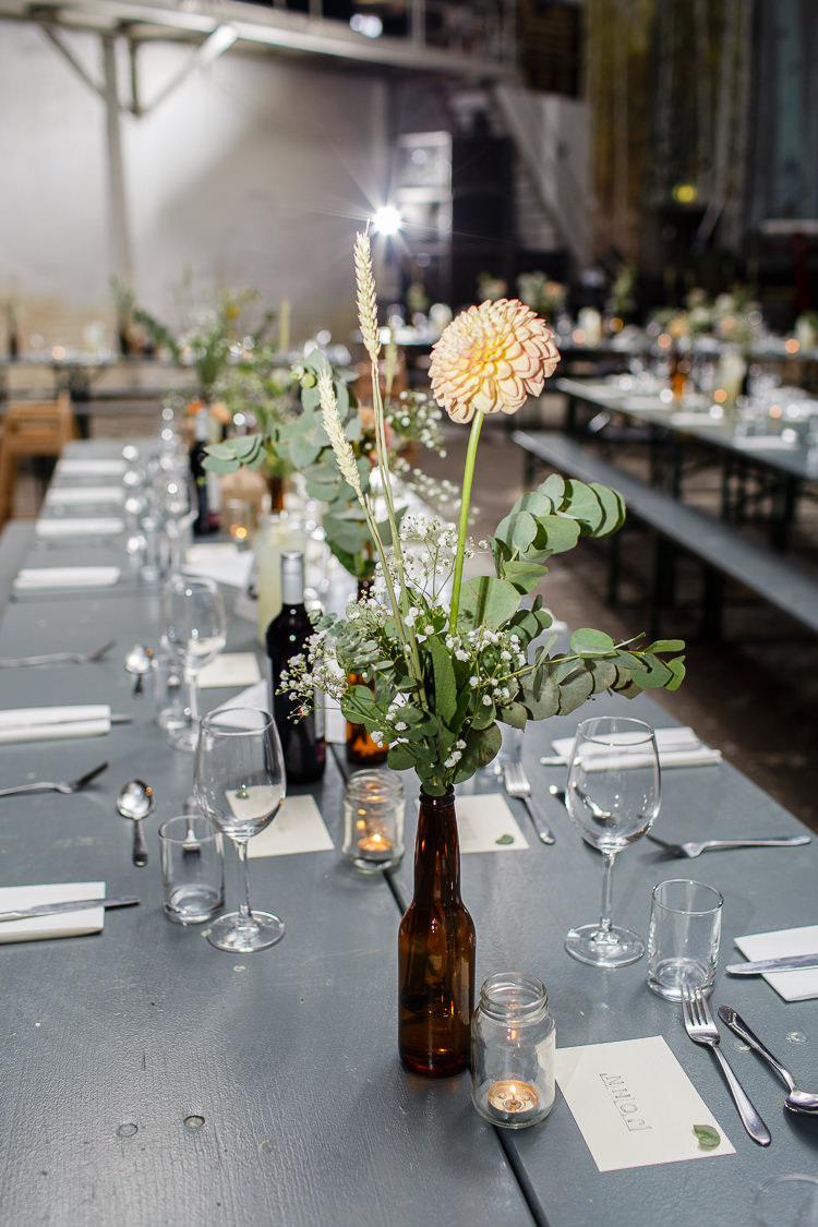 Beer Bottle Flowers Dahlia Orange Creative DIY Industrial Warehouse Wedding http://www.michellehill.ca/
