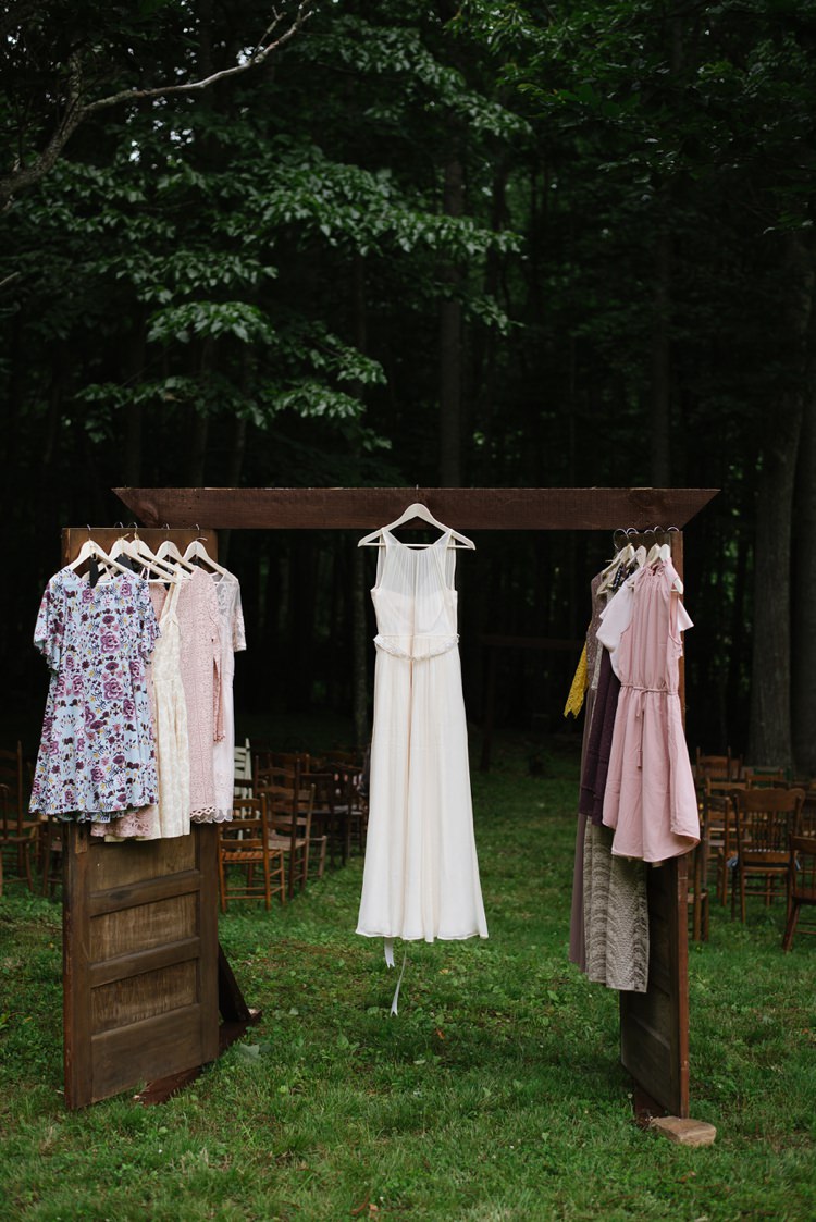 Outdoor Ceremony Wooden Door Frame Bridal Gown Multicoloured Bridesmaids Dresses Rustic Woodsy Wedding North Carolina http://abbyleighanne.com/