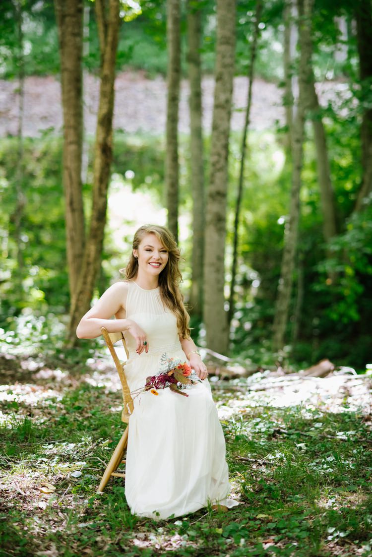 Bride Chiffon Bridal Gown Loose Curls Hairstyle Bouquet Green Ring Trees Grass Rustic Woodsy Wedding North Carolina http://abbyleighanne.com/