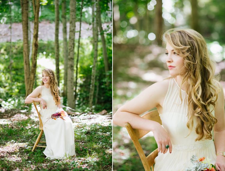 Bride Chiffon Bridal Gown Loose Curls Hairstyle Bouquet Green Ring Trees Grass Rustic Woodsy Wedding North Carolina http://abbyleighanne.com/