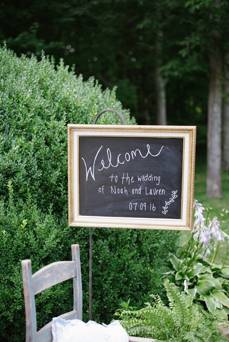 Outdoor Ceremony Welcome Sign Blackboard Gold Frame Rustic Woodsy Wedding North Carolina http://abbyleighanne.com/