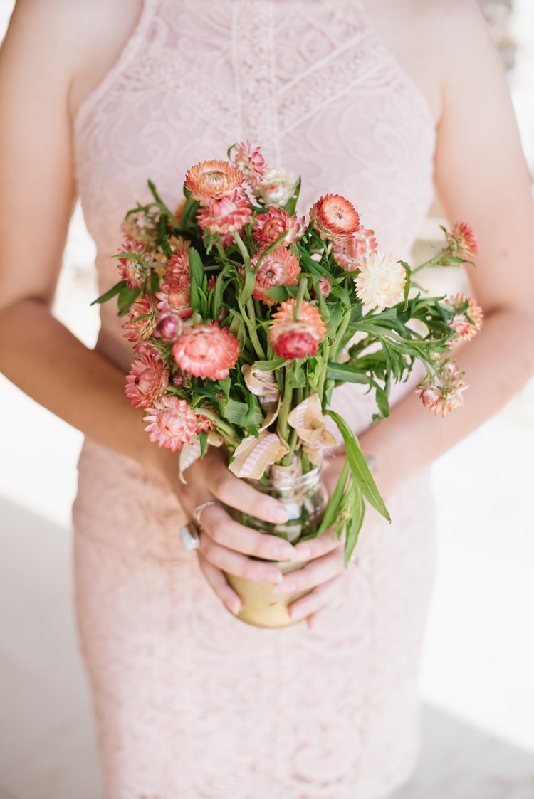 Orange Flowers Glass Mason Jar Ribbon Florals Lace Dress Rustic Woodsy Wedding North Carolina http://abbyleighanne.com/