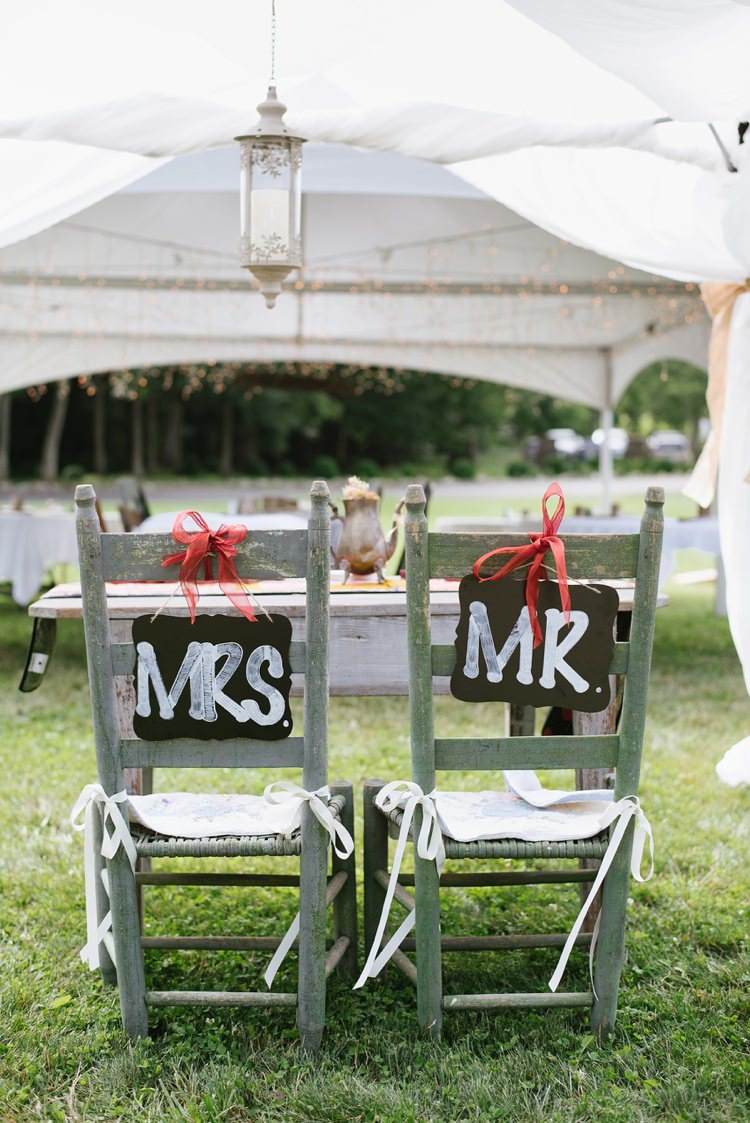 Reception White Marquee Bride Groom Table Mr Mrs Chairs Blackboard Signs Red Ribbon Hanging Lamp Fairy Lights Rustic Woodsy Wedding North Carolina http://abbyleighanne.com/