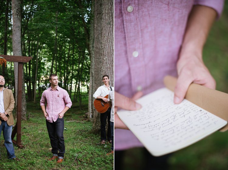 Outdoor Ceremony Groom Pink Shirt Dark Jeans Tan Shoes Ceremony Booklet Rustic Woodsy Wedding North Carolina http://abbyleighanne.com/