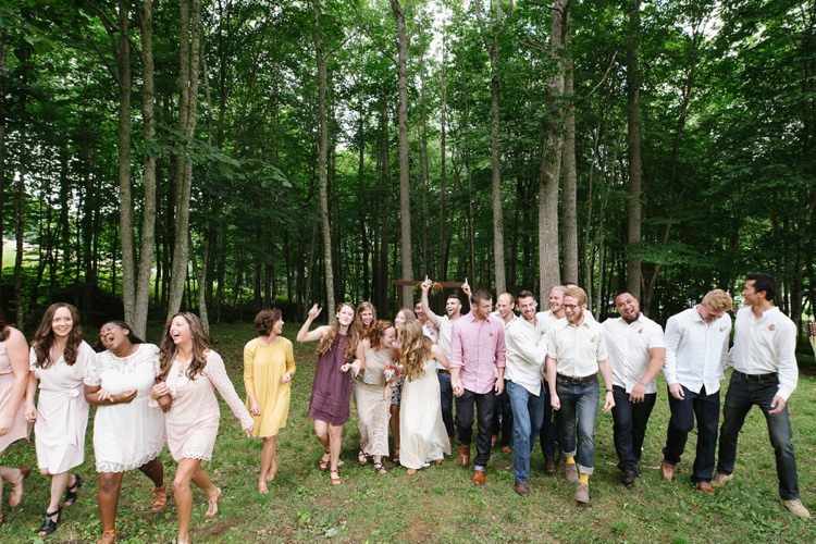 Bridal Party Bride Groom Bridesmaids Groomsmen Laughs Tall Green Trees Rustic Woodsy Wedding North Carolina http://abbyleighanne.com/