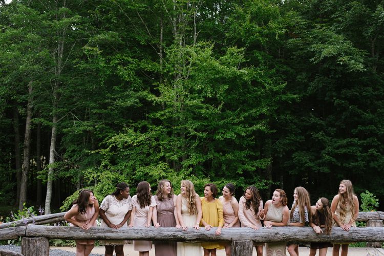 Bride Chiffon Bridal Dress Bridesmaids Multicoloured Dresses Wooden Bridge Green Trees Rustic Woodsy Wedding North Carolina http://abbyleighanne.com/