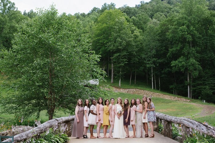 Bride Chiffon Bridal Dress Bridesmaids Multicoloured Dresses Wooden Bridge Green Trees Rustic Woodsy Wedding North Carolina http://abbyleighanne.com/