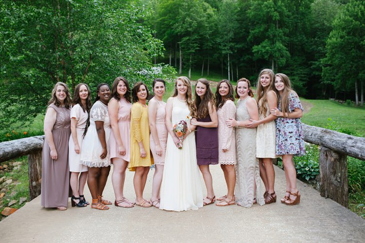Bride Bridesmaids Multicoloured Dresses Bridge Tall Trees Rustic Woodsy Wedding North Carolina http://abbyleighanne.com/