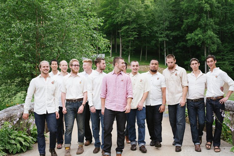 Groom Pink Shirt Dark Jeans Groomsmen White Cream Shirts Jeans Floral Buttonholes Wooden Bridge Green Trees Rustic Woodsy Wedding North Carolina http://abbyleighanne.com/