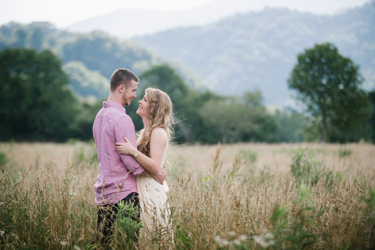 Bride Chiffon Bridal Gown Loose Curls Gold Watch Groom Pink Shirt Field Trees Rustic Woodsy Wedding North Carolina http://abbyleighanne.com/