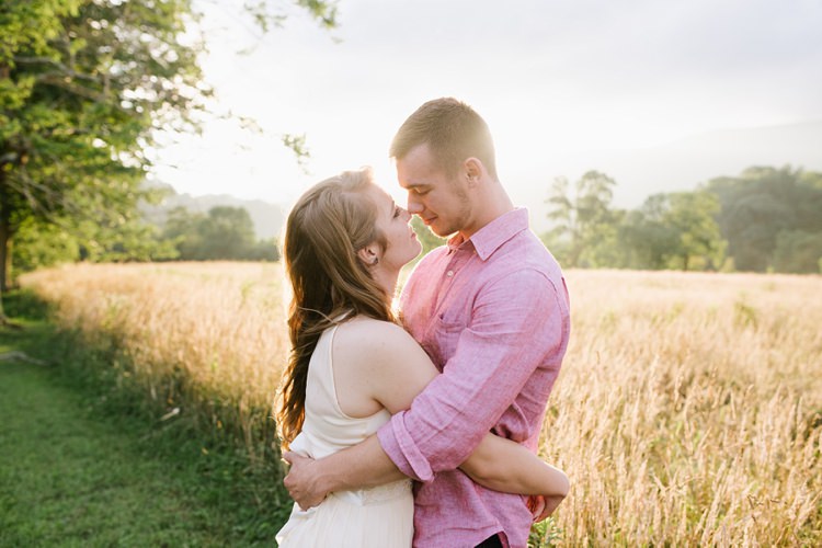 Bride Chiffon Bridal Gown Loose Curls Groom Pink Shirt Field Trees Rustic Woodsy Wedding North Carolina http://abbyleighanne.com/