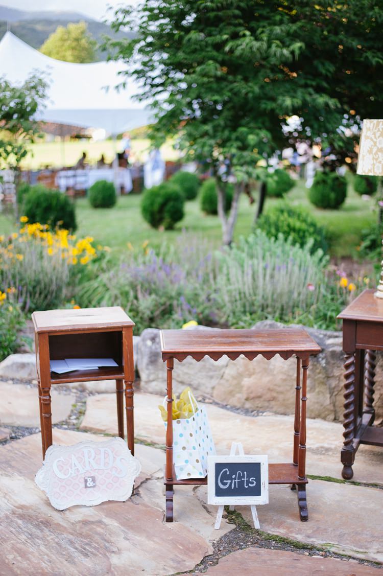 Gifts Cards Wooden Tables Vintage Yellow Flowers Lavender Trees Rustic Woodsy Wedding North Carolina http://abbyleighanne.com/