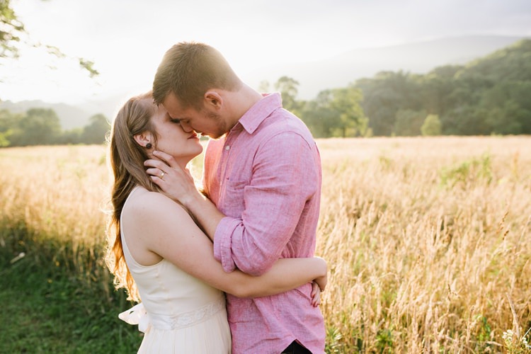 Bride Chiffon Bridal Gown Loose Curls Groom Pink Shirt Field Trees Rustic Woodsy Wedding North Carolina http://abbyleighanne.com/
