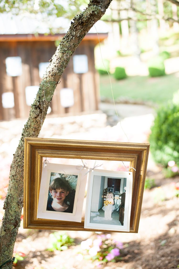 Childhood Photos Gold Frame Hanging Décor Rustic Woodsy Wedding North Carolina http://abbyleighanne.com/